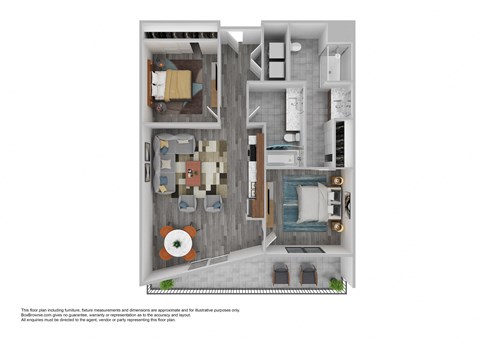 A 3D floor plan of a small apartment with a kitchen, living room, and bedroom.